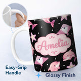 Personalized Custom Name Cute Pink Dolphins and Starfish Seamless Ocean Pattern Light Grey 11oz Ceramic Coffee Tea Mug White Large Handle
