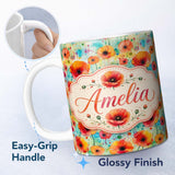 Personalized Custom Name Colorful Watercolor Poppy Garden Artistic Seamless Pattern Lovely 11oz Ceramic Coffee Tea Mug White Large Handle