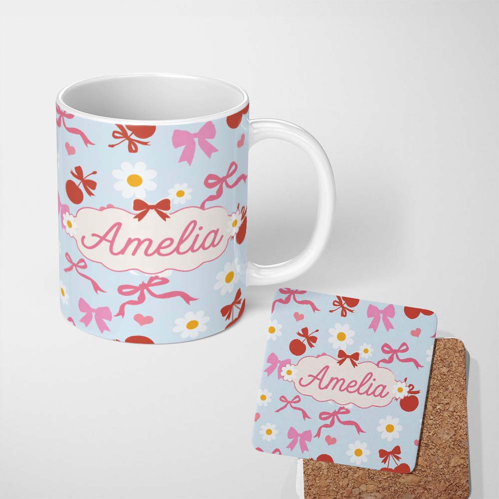 Personalized Custom Name Cute Cherry Bow Daisy Heart Seamless Pattern on Light Blue Lovely 11oz Ceramic Coffee Tea Mug White Large Handle