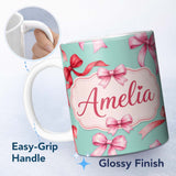 Personalized Custom Name Watercolor Ribbon Bow Seamless Pattern on Teal Background Lovely 11oz Ceramic Coffee Tea Mug White Large Handle