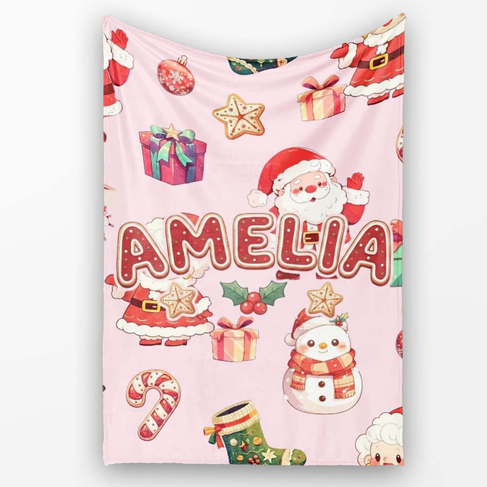 Cute Santa Claus Mrs Claus Snowman Christmas Gift Pattern Pink  Personalised Custom Name Super Soft Fleece Blanket Bed Sofa Throw