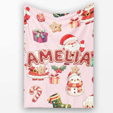 Cute Santa Claus Mrs Claus Snowman Christmas Gift Pattern Pink  Personalised Custom Name Super Soft Fleece Blanket Bed Sofa Throw