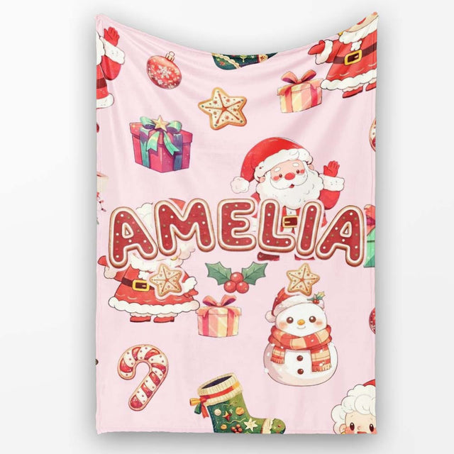 Cute Santa Claus Mrs Claus Snowman Christmas Gift Pattern Pink  Personalised Custom Name Super Soft Fleece Blanket Bed Sofa Throw