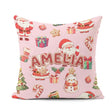 Custom Name Santa Claus Mrs Claus Snowman Christmas Pattern Pink Square Filled Cushion Throw Pillow Sofa Bed Home Decor Zip Washable UK Made