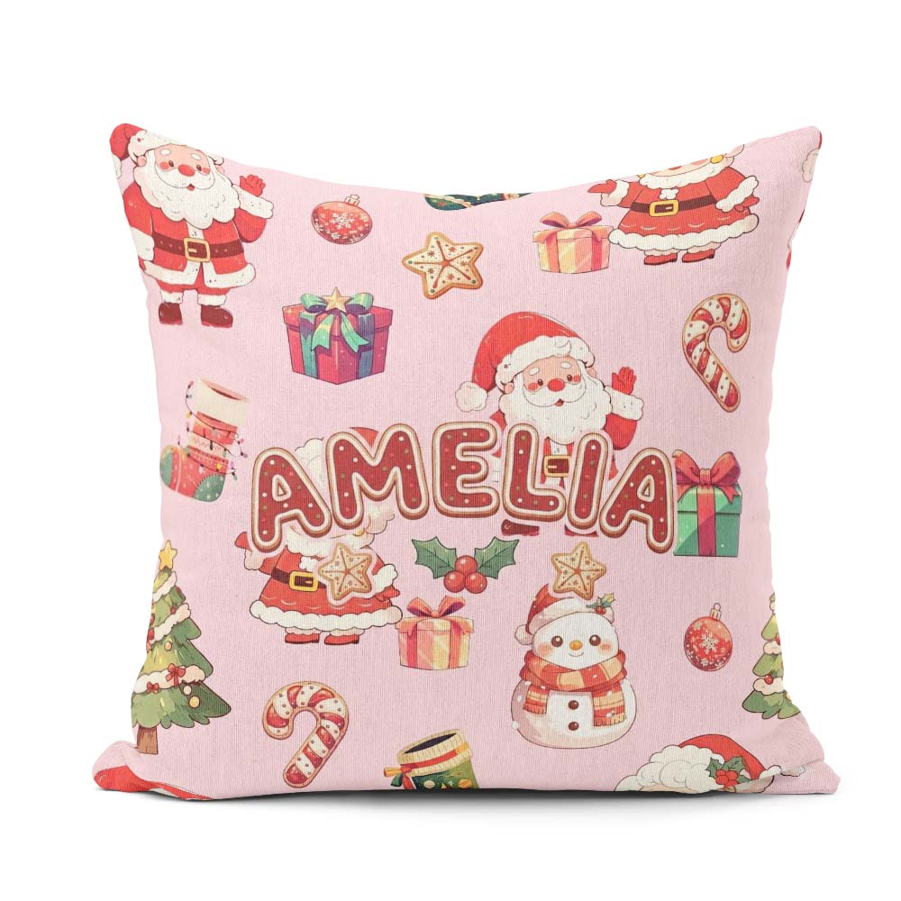 Custom Name Santa Claus Mrs Claus Snowman Christmas Pattern Pink Square Filled Cushion Throw Pillow Sofa Bed Home Decor Zip Washable UK Made