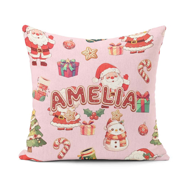 Custom Name Santa Claus Mrs Claus Snowman Christmas Pattern Pink Square Filled Cushion Throw Pillow Sofa Bed Home Decor Zip Washable UK Made