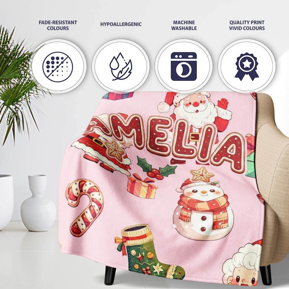 Cute Santa Claus Mrs Claus Snowman Christmas Gift Pattern Pink  Personalised Custom Name Super Soft Fleece Blanket Bed Sofa Throw