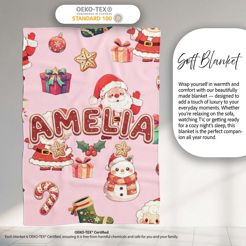 Cute Santa Claus Mrs Claus Snowman Christmas Gift Pattern Pink  Personalised Custom Name Super Soft Fleece Blanket Bed Sofa Throw