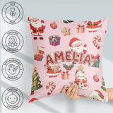 Custom Name Santa Claus Mrs Claus Snowman Christmas Pattern Pink Square Filled Cushion Throw Pillow Sofa Bed Home Decor Zip Washable UK Made