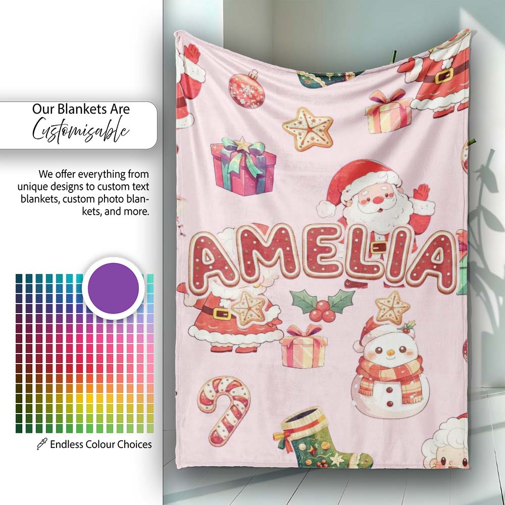 Cute Santa Claus Mrs Claus Snowman Christmas Gift Pattern Pink  Personalised Custom Name Super Soft Fleece Blanket Bed Sofa Throw