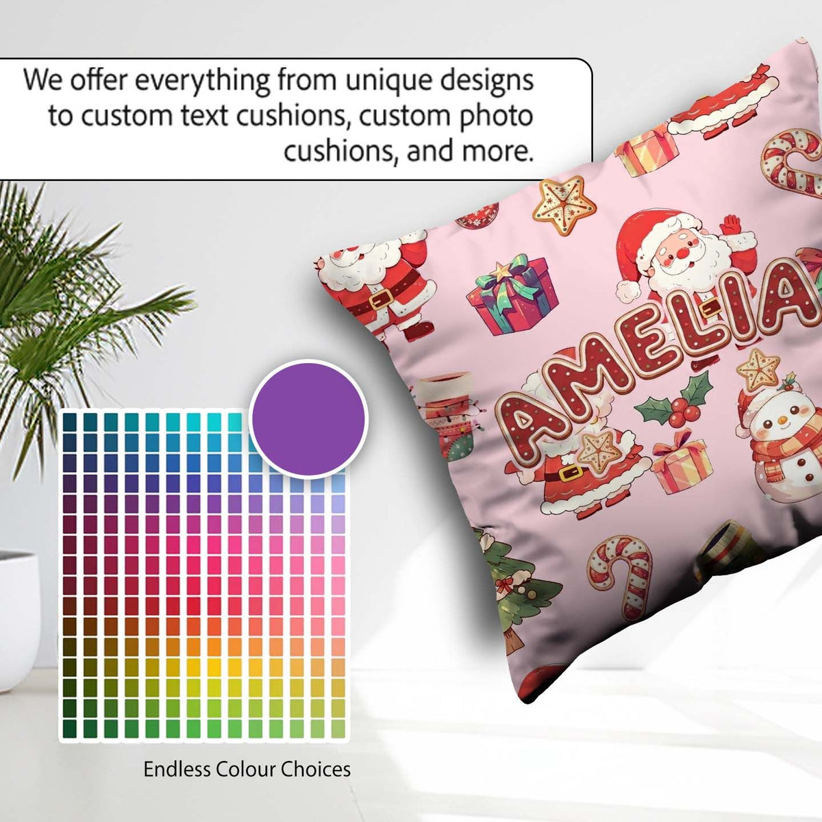 Custom Name Santa Claus Mrs Claus Snowman Christmas Pattern Pink Square Filled Cushion Throw Pillow Sofa Bed Home Decor Zip Washable UK Made