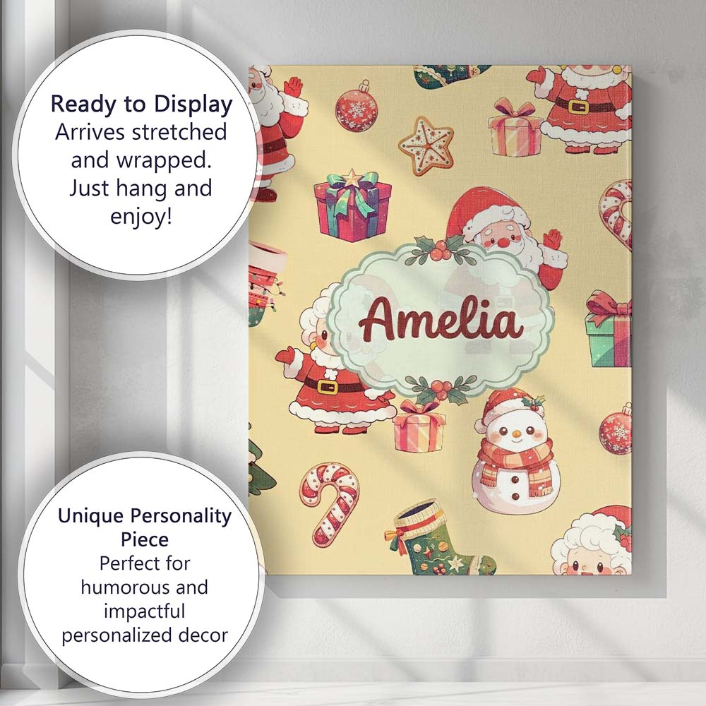 Personalised Name Cute Santa Claus Mrs Custom  Modern Room Accent Elegant Feature Canvas Wall Art Print Decor Picture Ready to Hang