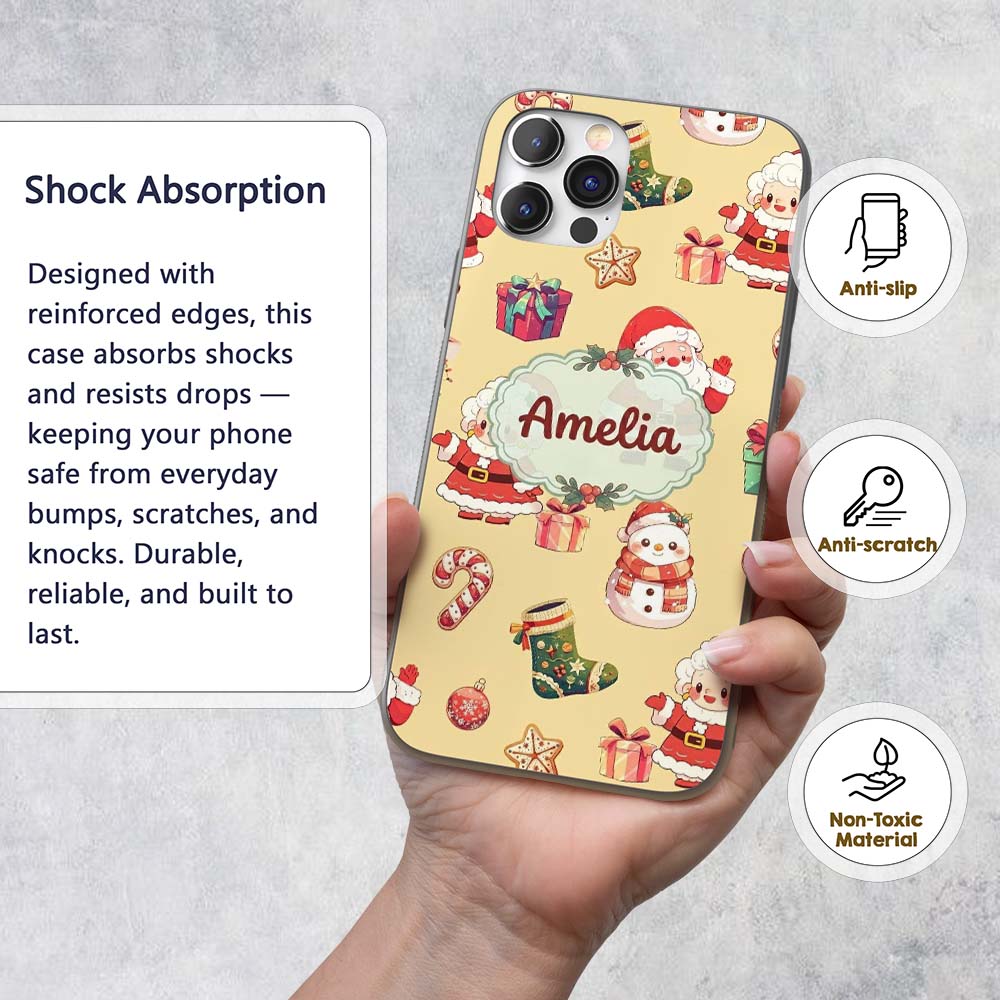 Cute Santa Claus Mrs Claus Snowman Christmas Gift Custom Name Protective Phone Case Mobile Cover Durable Everyday Smartphone Shock Resistant