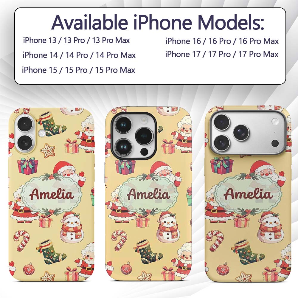 Cute Santa Claus Mrs Claus Snowman Christmas Gift Custom Name Protective Phone Case Mobile Cover Durable Everyday Smartphone Shock Resistant