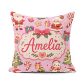 Custom Name Cute Santa Claus Mrs Claus Christmas Candy Cane Pink Square Filled Cushion Throw Pillow Sofa Bed Home Decor Zip Washable UK Made