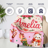 Cute Santa Claus Mrs Claus Snowman Christmas Gift Candy Cane Pink  Personalised Custom Name Super Soft Fleece Blanket Bed Sofa Throw