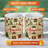 Personalized Custom Name Christmas Tree Gift Stocking Ornament Holiday Seamless Pattern 11oz Ceramic Coffee Tea Mug White Large Handle