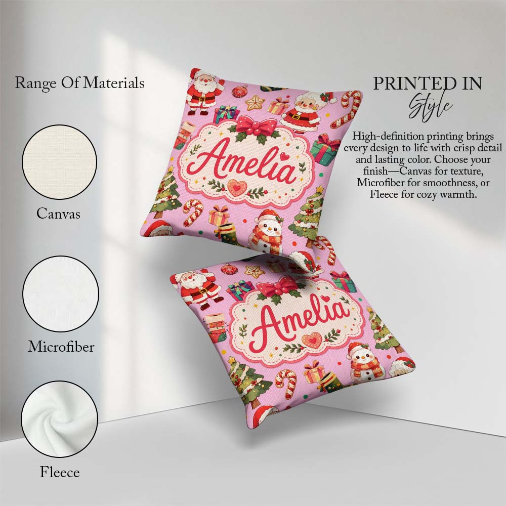 Custom Name Cute Santa Claus Mrs Claus Christmas Candy Cane Pink Square Filled Cushion Throw Pillow Sofa Bed Home Decor Zip Washable UK Made