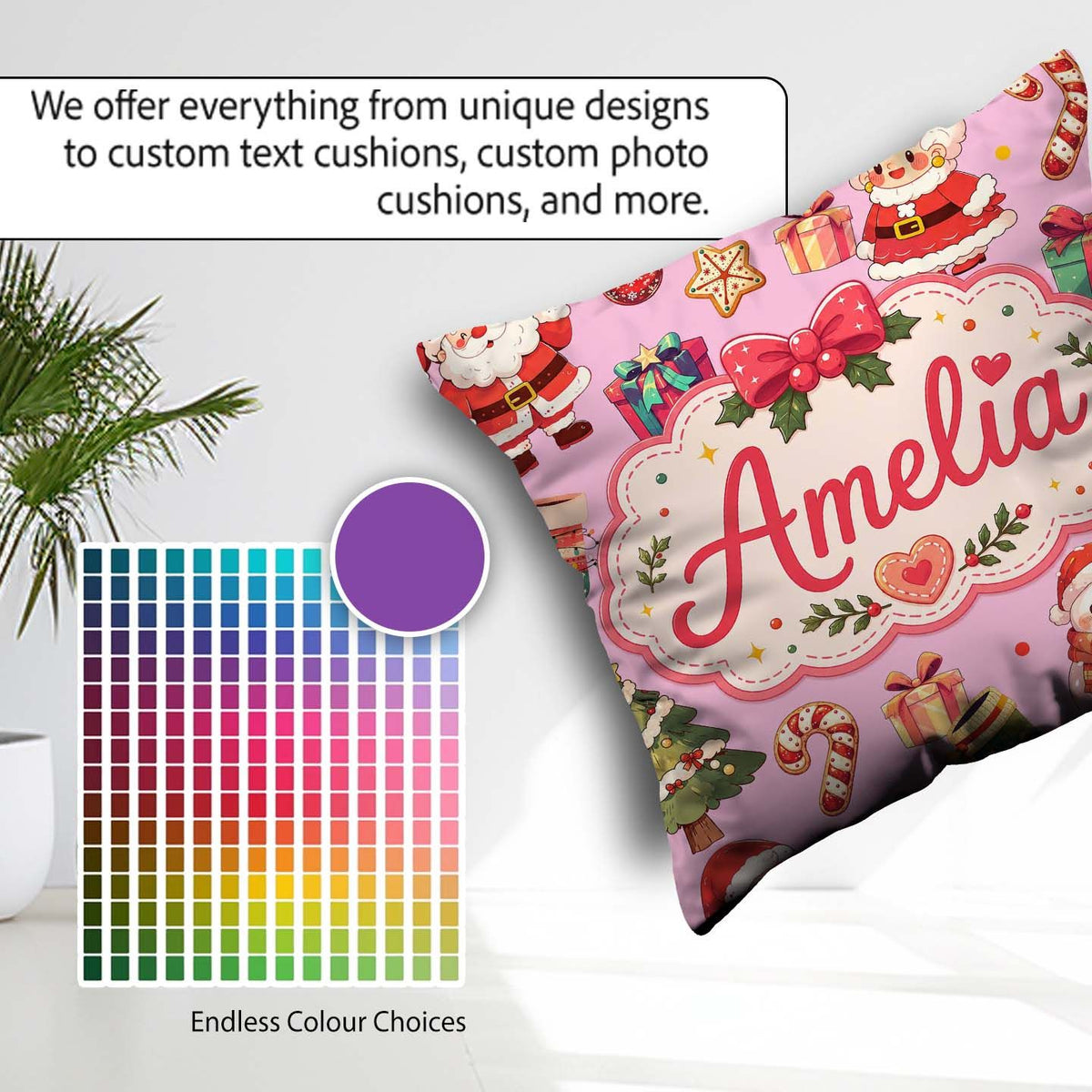 Custom Name Cute Santa Claus Mrs Claus Christmas Candy Cane Pink Square Filled Cushion Throw Pillow Sofa Bed Home Decor Zip Washable UK Made
