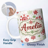 Personalized Custom Name Red Green Snowflake Winter Holiday Seamless Pattern Cute Unique Gift 11oz Ceramic Coffee Tea Mug White Large Handle
