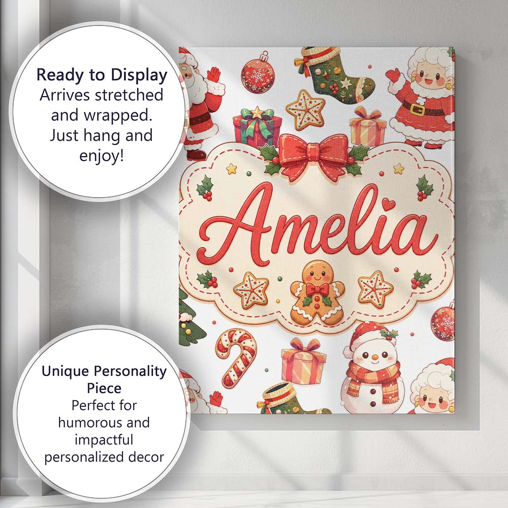 Personalised Name Cute Santa Claus Mrs Custom  Modern Room Accent Elegant Feature Canvas Wall Art Print Decor Picture Ready to Hang