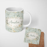 Personalized Custom Name Daisy and Moon Botanical Pattern Green Background Seamless Lovely 11oz Ceramic Coffee Tea Mug White Large Handle