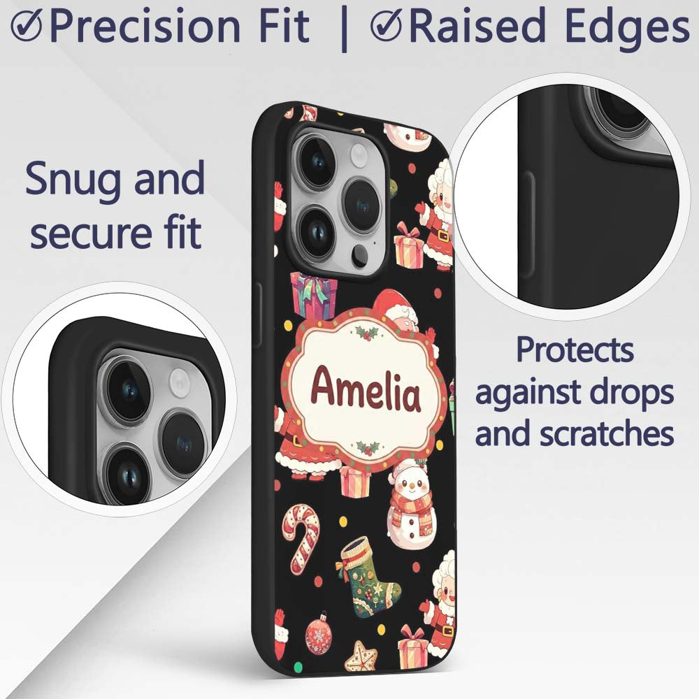 Cute Santa Claus Mrs Claus Snowman Christmas Gift Custom Name Protective Phone Case Mobile Cover Durable Everyday Smartphone Shock Resistant