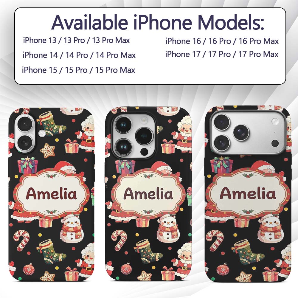 Cute Santa Claus Mrs Claus Snowman Christmas Gift Custom Name Protective Phone Case Mobile Cover Durable Everyday Smartphone Shock Resistant