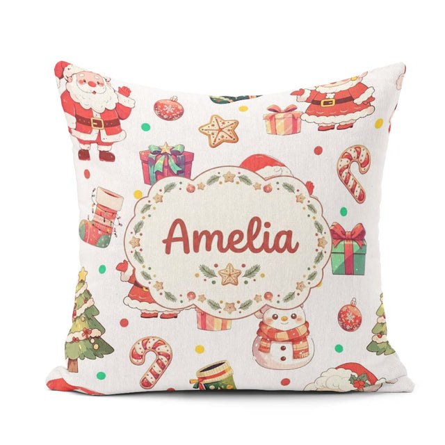 Custom Name Santa Claus Mrs Claus Snowman Christmas Candy Cane Square Filled Cushion Throw Pillow Sofa Bed Home Decor Zip Washable UK Made