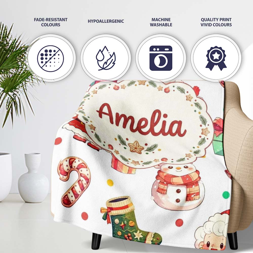 Cute Santa Claus Mrs Claus Snowman Christmas Gift Candy Cane Lovely  Personalised Custom Name Super Soft Fleece Blanket Bed Sofa Throw