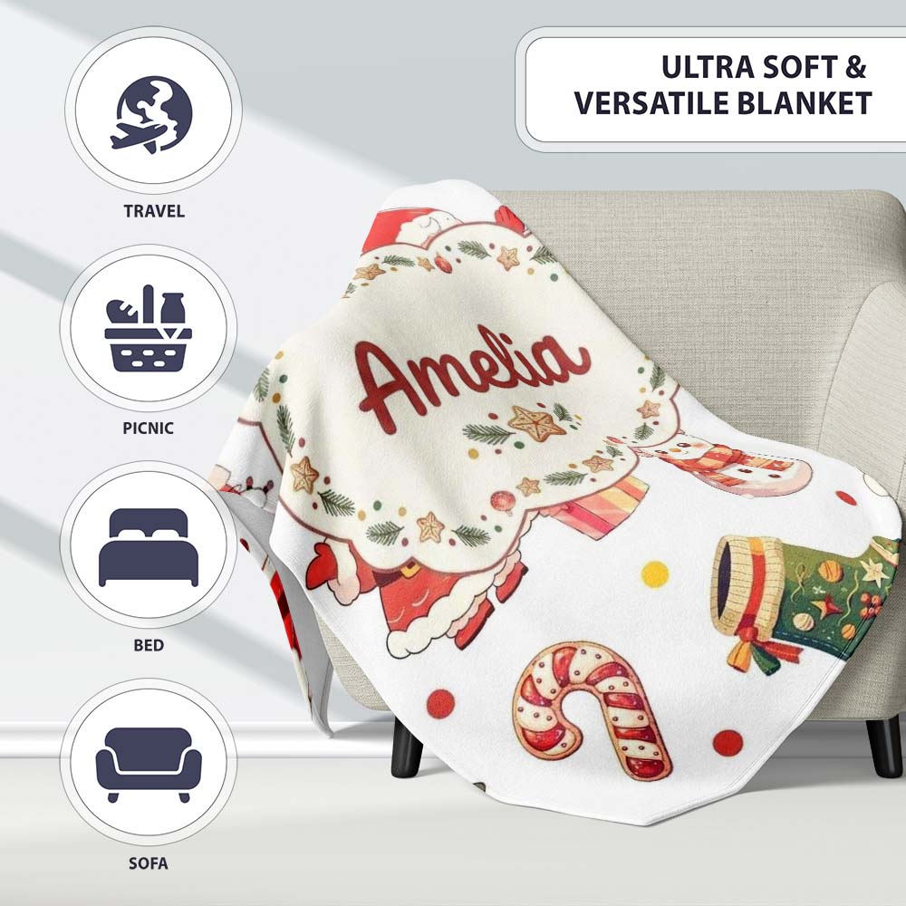 Cute Santa Claus Mrs Claus Snowman Christmas Gift Candy Cane Lovely  Personalised Custom Name Super Soft Fleece Blanket Bed Sofa Throw