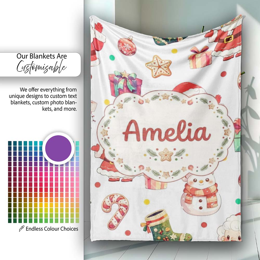 Cute Santa Claus Mrs Claus Snowman Christmas Gift Candy Cane Lovely  Personalised Custom Name Super Soft Fleece Blanket Bed Sofa Throw