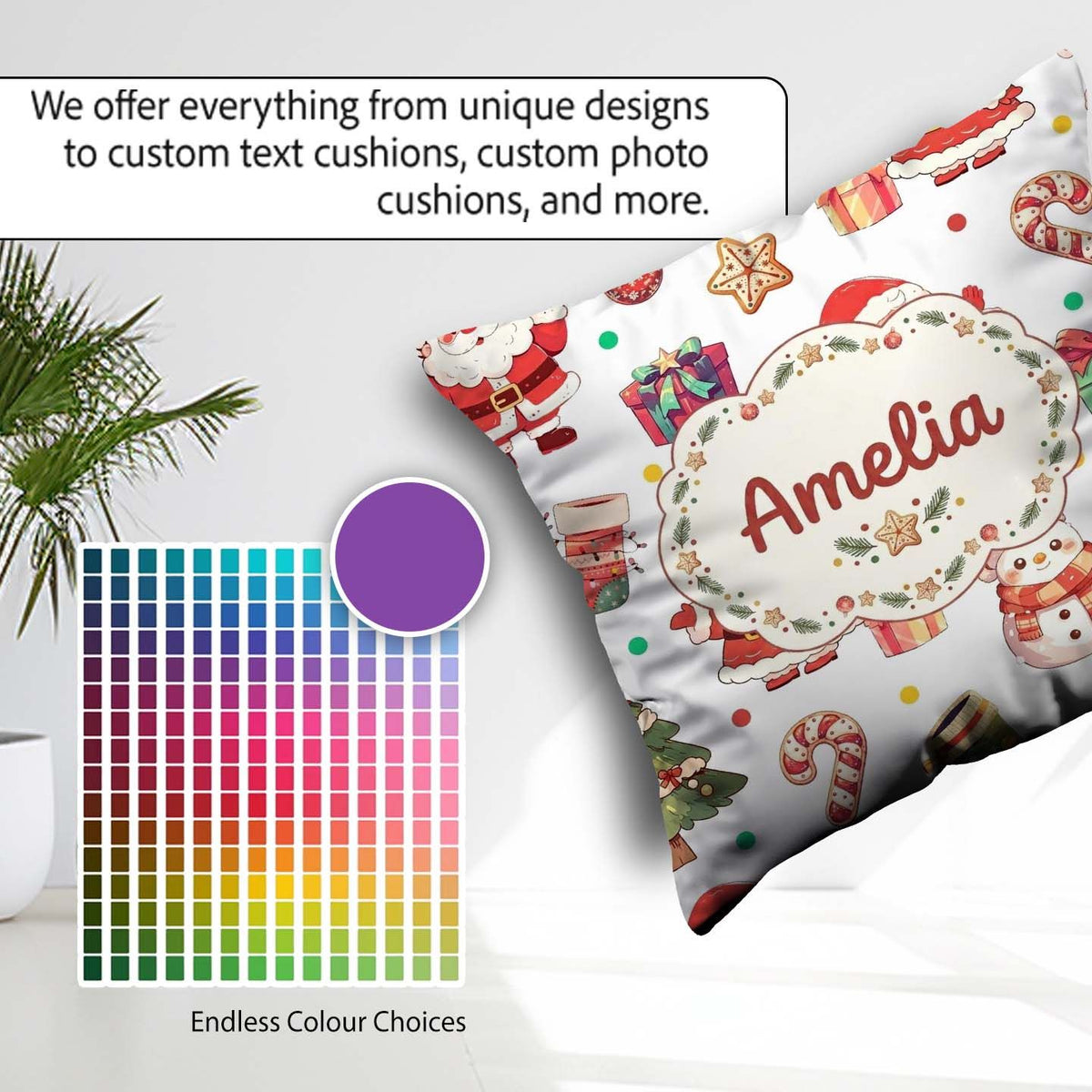 Custom Name Santa Claus Mrs Claus Snowman Christmas Candy Cane Square Filled Cushion Throw Pillow Sofa Bed Home Decor Zip Washable UK Made