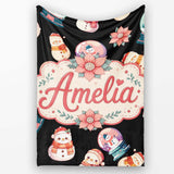 Cute Snowman Snow Globe Poinsettia Flower Christmas Pattern Black  Personalised Custom Name Super Soft Fleece Blanket Bed Sofa Throw