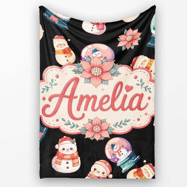 Cute Snowman Snow Globe Poinsettia Flower Christmas Pattern Black  Personalised Custom Name Super Soft Fleece Blanket Bed Sofa Throw
