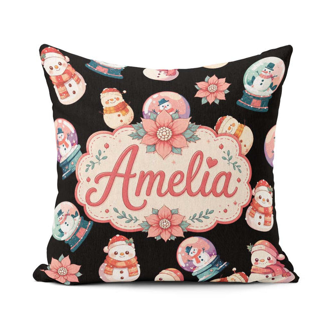 Custom Name Snowman Snow Globe Poinsettia Flower Christmas Black Square Filled Cushion Throw Pillow Sofa Bed Home Decor Zip Washable UK Made
