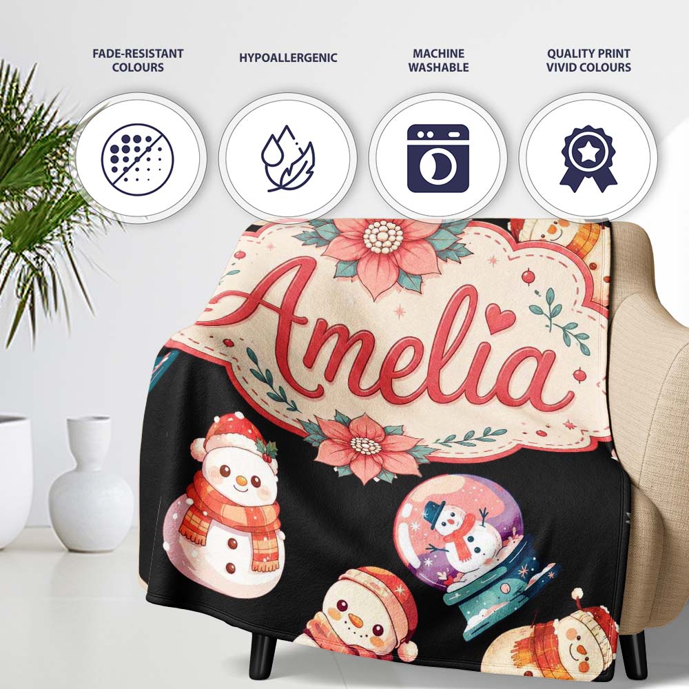 Cute Snowman Snow Globe Poinsettia Flower Christmas Pattern Black  Personalised Custom Name Super Soft Fleece Blanket Bed Sofa Throw