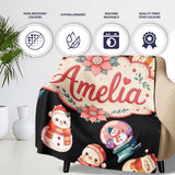 Cute Snowman Snow Globe Poinsettia Flower Christmas Pattern Black  Personalised Custom Name Super Soft Fleece Blanket Bed Sofa Throw