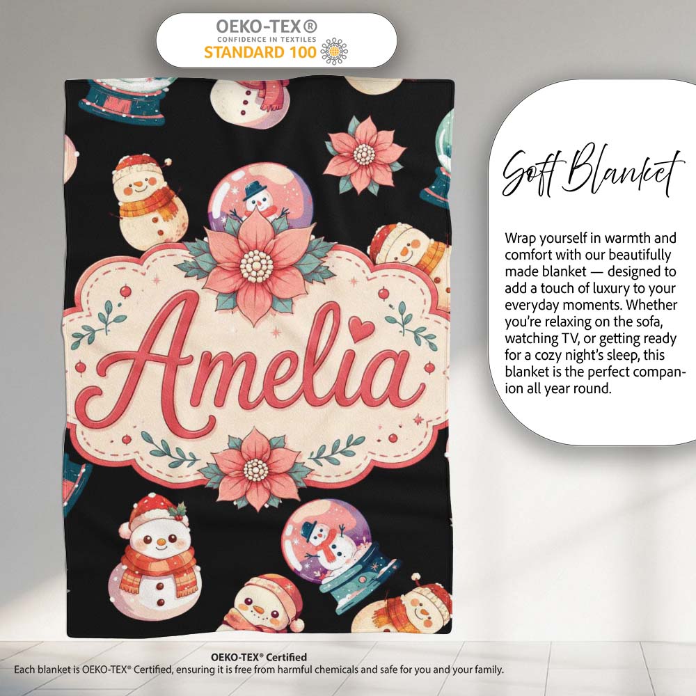 Cute Snowman Snow Globe Poinsettia Flower Christmas Pattern Black  Personalised Custom Name Super Soft Fleece Blanket Bed Sofa Throw