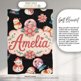 Cute Snowman Snow Globe Poinsettia Flower Christmas Pattern Black  Personalised Custom Name Super Soft Fleece Blanket Bed Sofa Throw