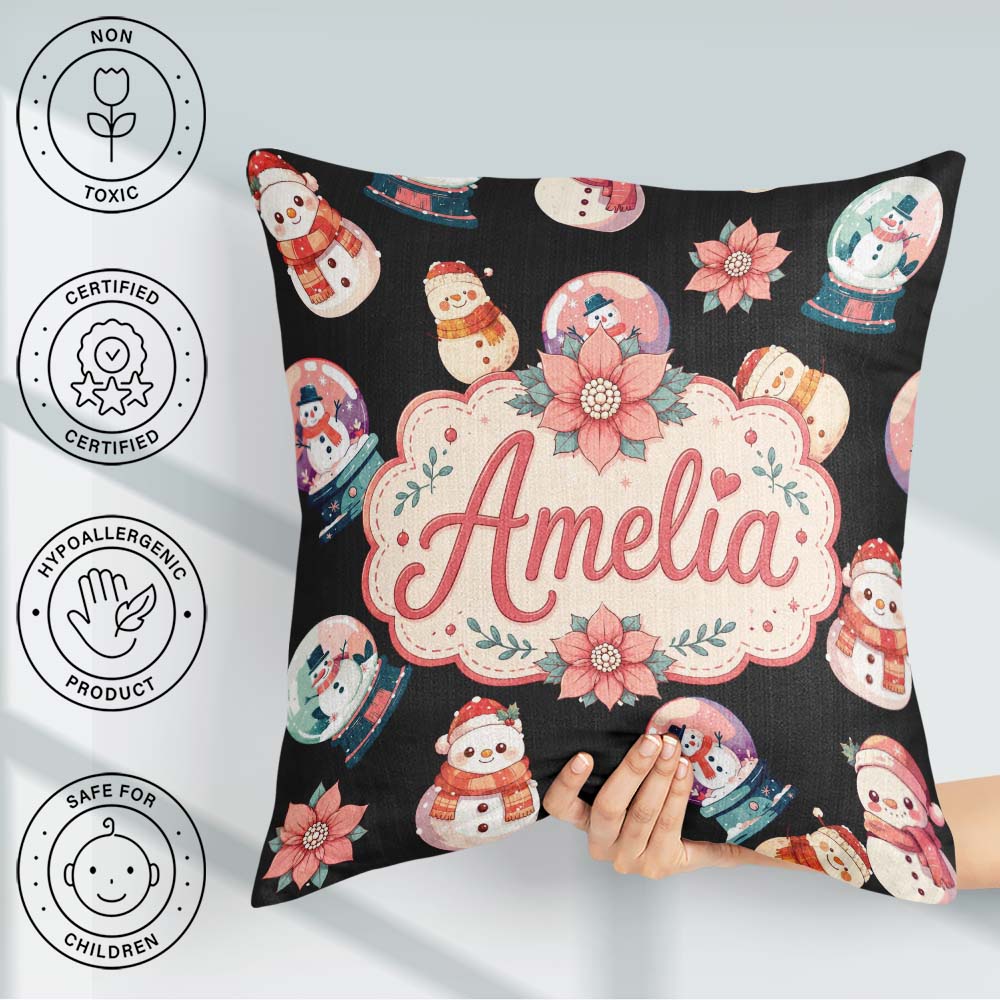 Custom Name Snowman Snow Globe Poinsettia Flower Christmas Black Square Filled Cushion Throw Pillow Sofa Bed Home Decor Zip Washable UK Made