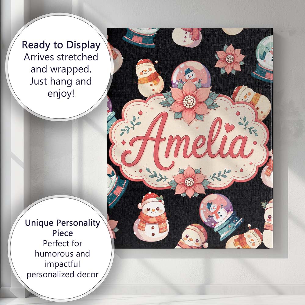Personalised Name Cute Snowman Snow Globe Custom  Unique Gift Idea Elegant Feature Canvas Wall Art Print Decor Picture Ready to Hang