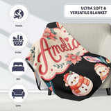 Cute Snowman Snow Globe Poinsettia Flower Christmas Pattern Black  Personalised Custom Name Super Soft Fleece Blanket Bed Sofa Throw