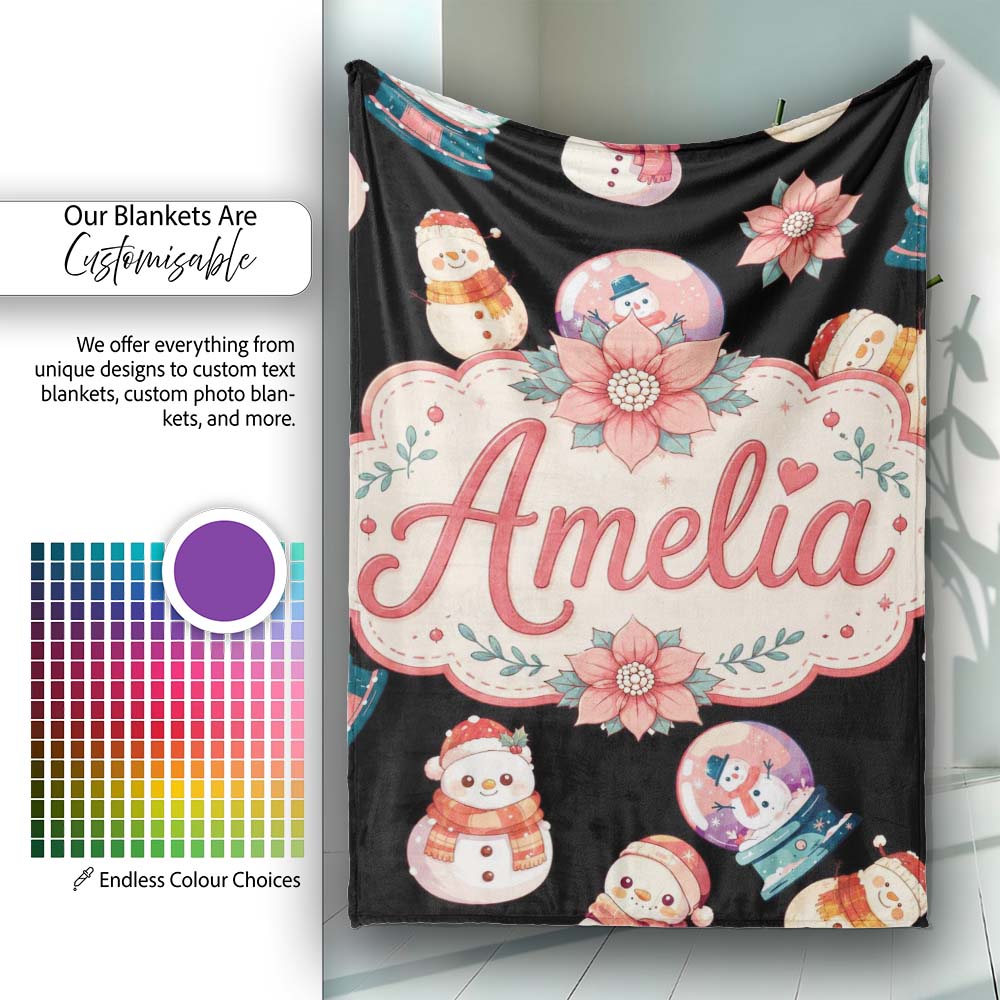 Cute Snowman Snow Globe Poinsettia Flower Christmas Pattern Black  Personalised Custom Name Super Soft Fleece Blanket Bed Sofa Throw