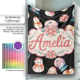 Cute Snowman Snow Globe Poinsettia Flower Christmas Pattern Black  Personalised Custom Name Super Soft Fleece Blanket Bed Sofa Throw