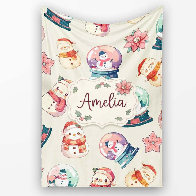 Cute Snowman Snow Globe Poinsettia Flower Christmas Pattern Cream  Personalised Custom Name Super Soft Fleece Blanket Bed Sofa Throw