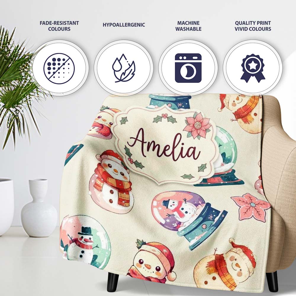 Cute Snowman Snow Globe Poinsettia Flower Christmas Pattern Cream  Personalised Custom Name Super Soft Fleece Blanket Bed Sofa Throw