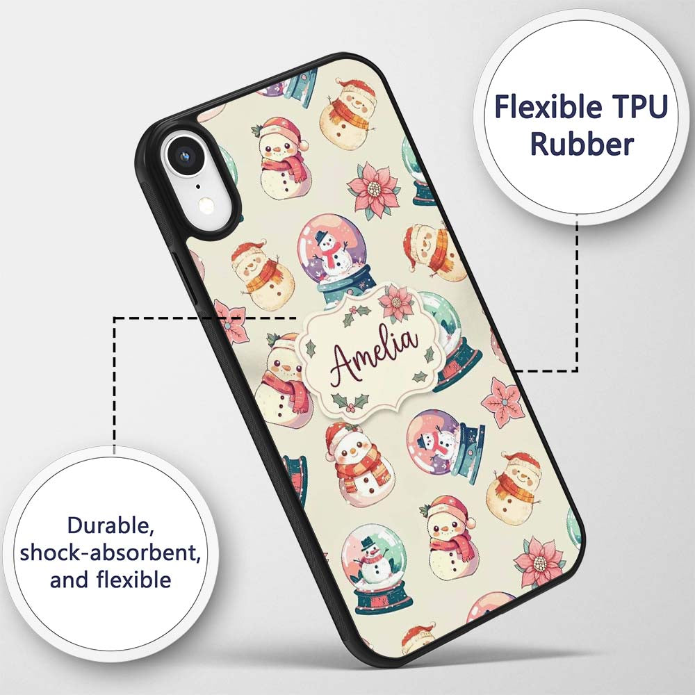 Cute Snowman Snow Globe Poinsettia Printed Design Custom Name Protective Phone Case Mobile Cover Durable Everyday Smartphone Shock Resistant