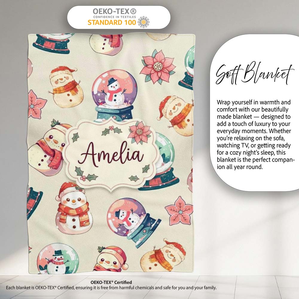 Cute Snowman Snow Globe Poinsettia Flower Christmas Pattern Cream  Personalised Custom Name Super Soft Fleece Blanket Bed Sofa Throw