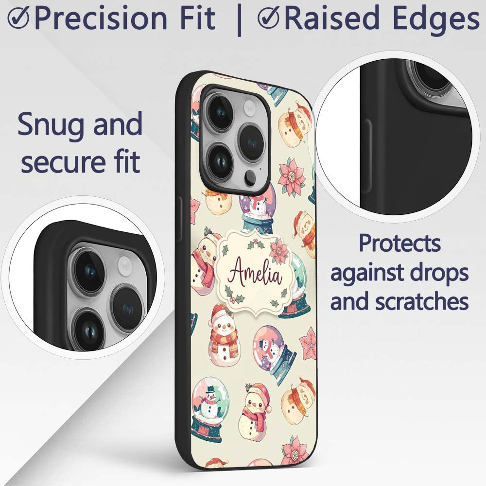Cute Snowman Snow Globe Poinsettia Printed Design Custom Name Protective Phone Case Mobile Cover Durable Everyday Smartphone Shock Resistant